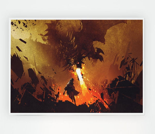 Fighting The Fire Dragon Print Poster Wall Art