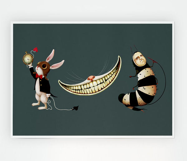 Alice In Wonderland Rabbit Cat And Caterpillar Print Poster Wall Art