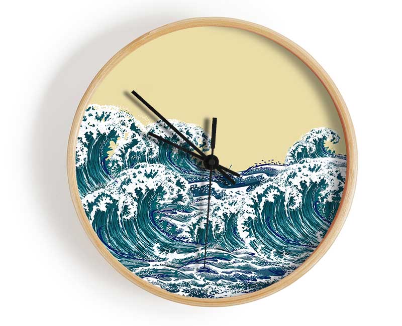 Waves On Yellow Clock - Wallart-Direct UK