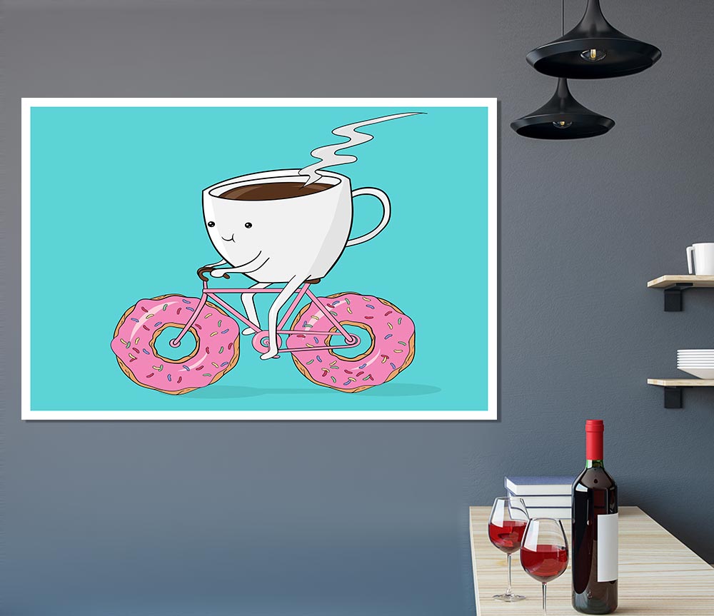Coffee Riding A Donut Bicycle Print Poster Wall Art