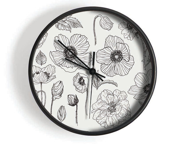 Hand Drawn Flowers Illustration Clock - Wallart-Direct UK