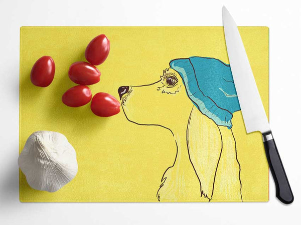 Yellow Dog With Blue Hat Glass Chopping Board