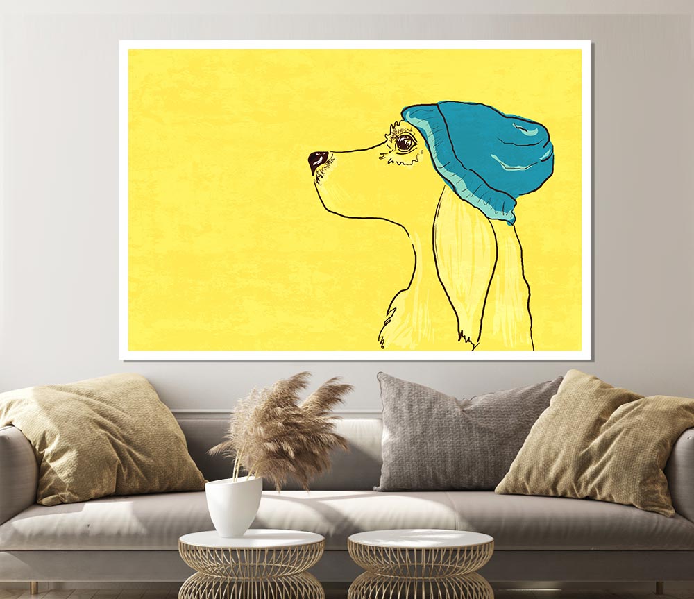 Yellow Dog With Blue Hat Print Poster Wall Art