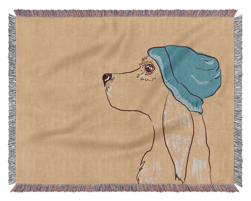 Yellow Dog With Blue Hat Woven Blanket