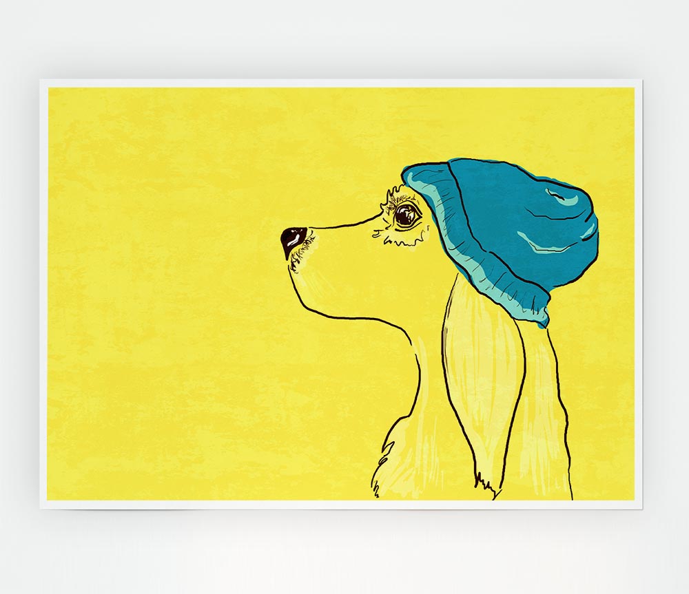 Yellow Dog With Blue Hat Print Poster Wall Art