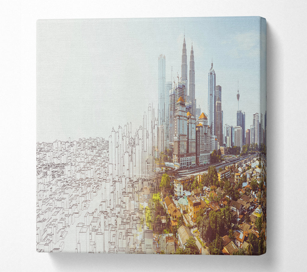 A Square Canvas Print Showing Sketch To Reality City Square Wall Art
