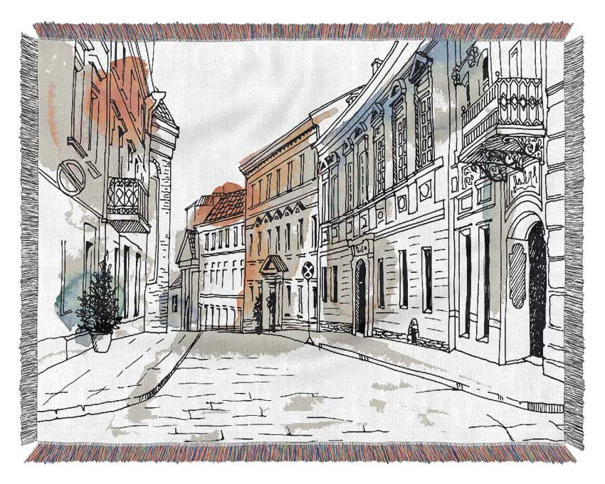 Watercolour Village Sketch Woven Blanket