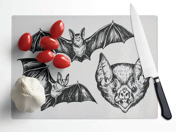 The Trio Of Bat Illustrations Glass Chopping Board