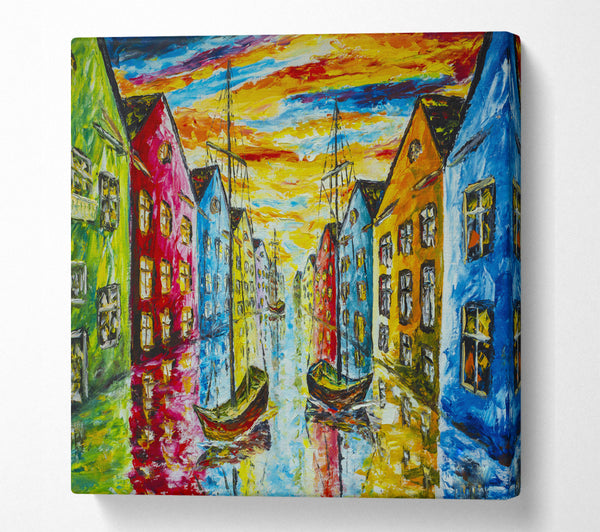 A Square Canvas Print Showing The Sea Village Painted Square Wall Art