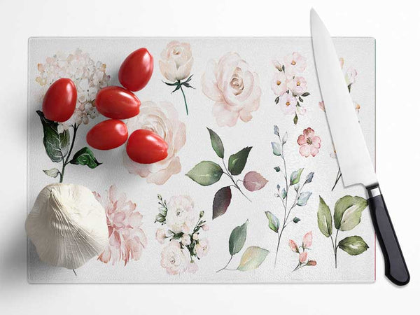 Montage Of Pink Flowers Glass Chopping Board
