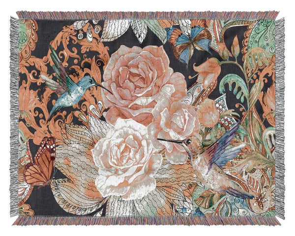 Hummingbird Flowers Dark Woven Blanket