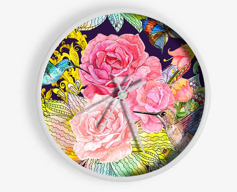 Hummingbird Flowers Dark Clock - Wallart-Direct UK
