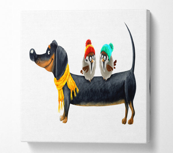 A Square Canvas Print Showing Sausage Dog Birds Square Wall Art