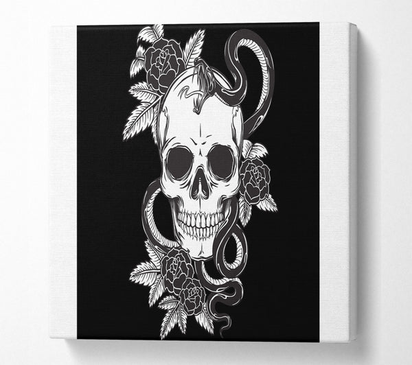 A Square Canvas Print Showing Skull Snake And Flowers Square Wall Art