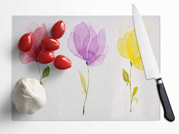 Trio Of Pastel Flowers Glass Chopping Board
