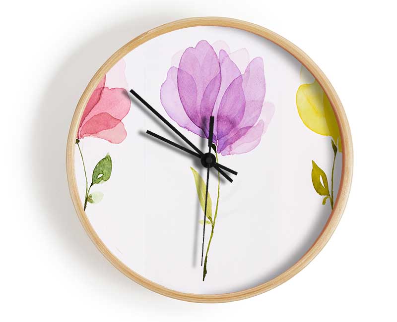 Trio Of Pastel Flowers Clock - Wallart-Direct UK