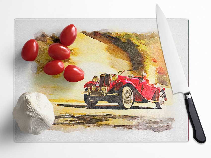 Vintage Car On The Beach Glass Chopping Board