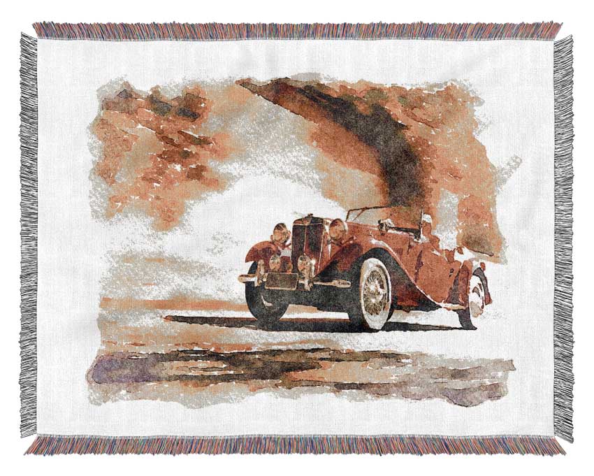 Vintage Car On The Beach Woven Blanket