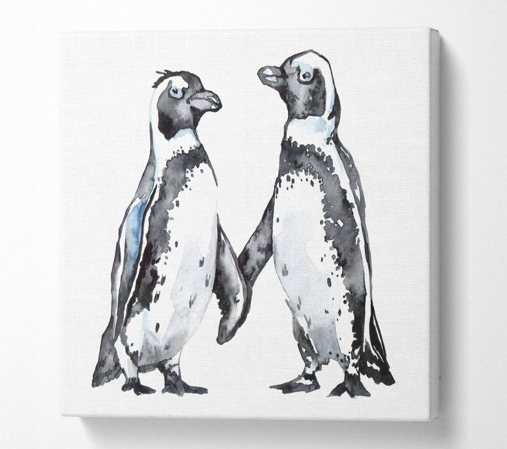 A Square Canvas Print Showing Two Penguins Shaking Square Wall Art
