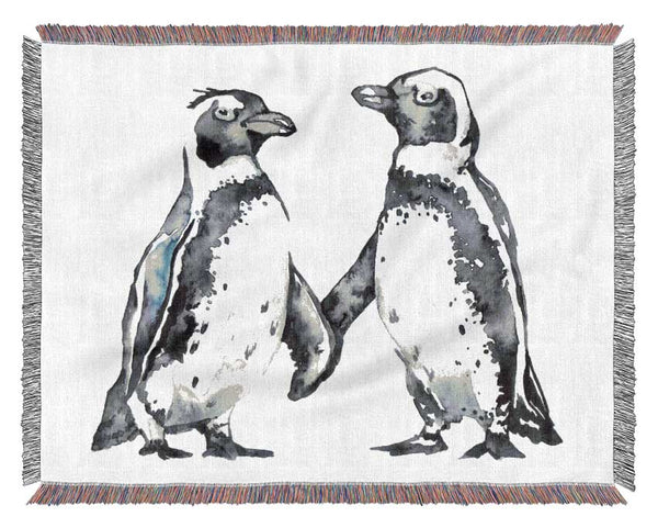 Two Penguins Shaking Woven Blanket