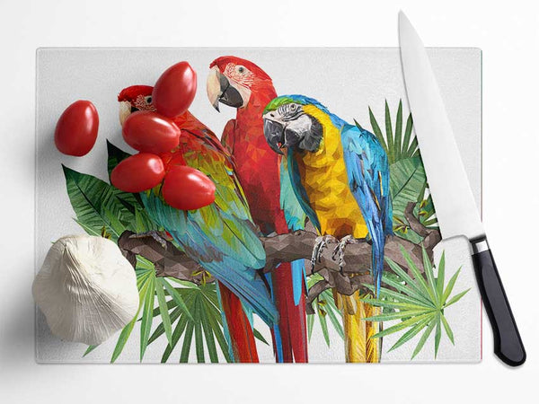 Three Parrots On A Branch Glass Chopping Board