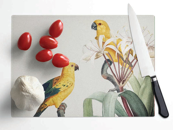 Two Yellow Parrots Glass Chopping Board
