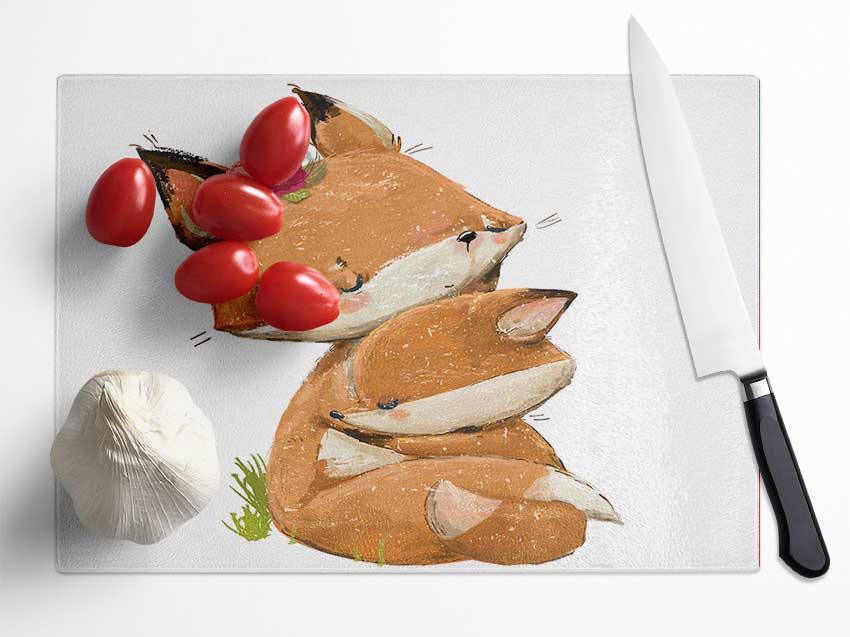 Fox Family Cuddle Glass Chopping Board