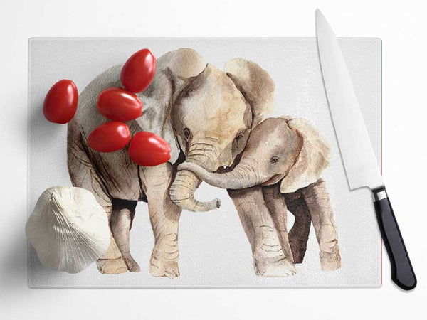 Elephants Holding Trunks Glass Chopping Board