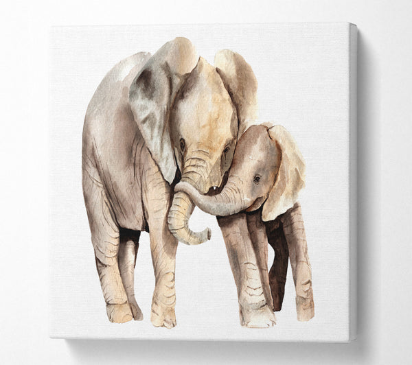 A Square Canvas Print Showing Elephants Holding Trunks Square Wall Art