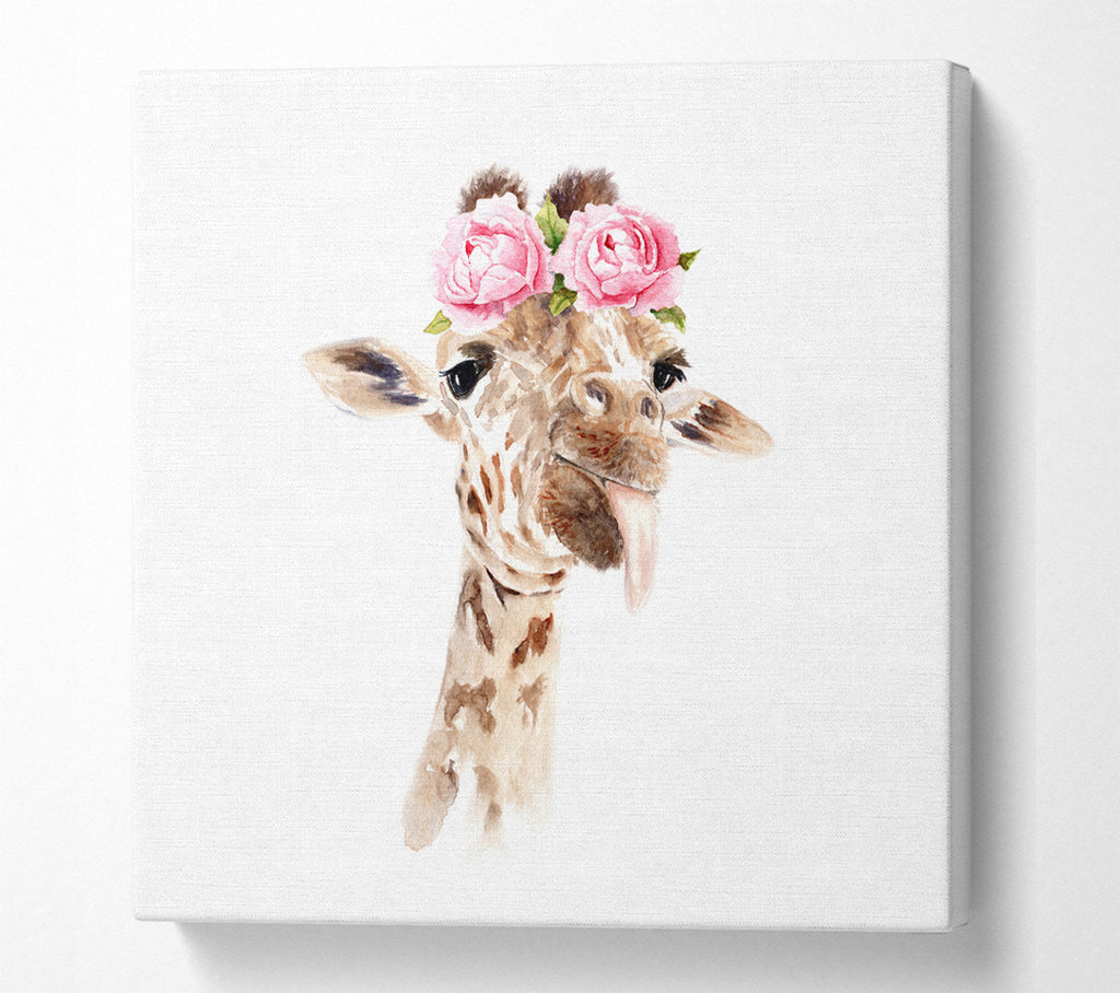 A Square Canvas Print Showing Roses On A Giraffe'S Head Square Wall Art