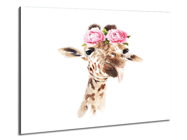 Roses On A Giraffe'S Head Metal Print