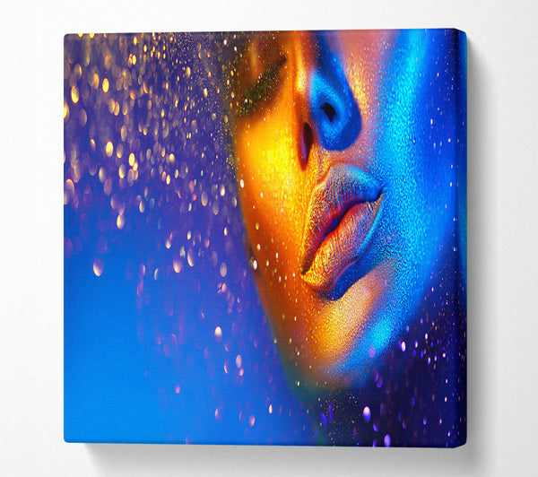 A Square Canvas Print Showing Gold And Blue Face Square Wall Art