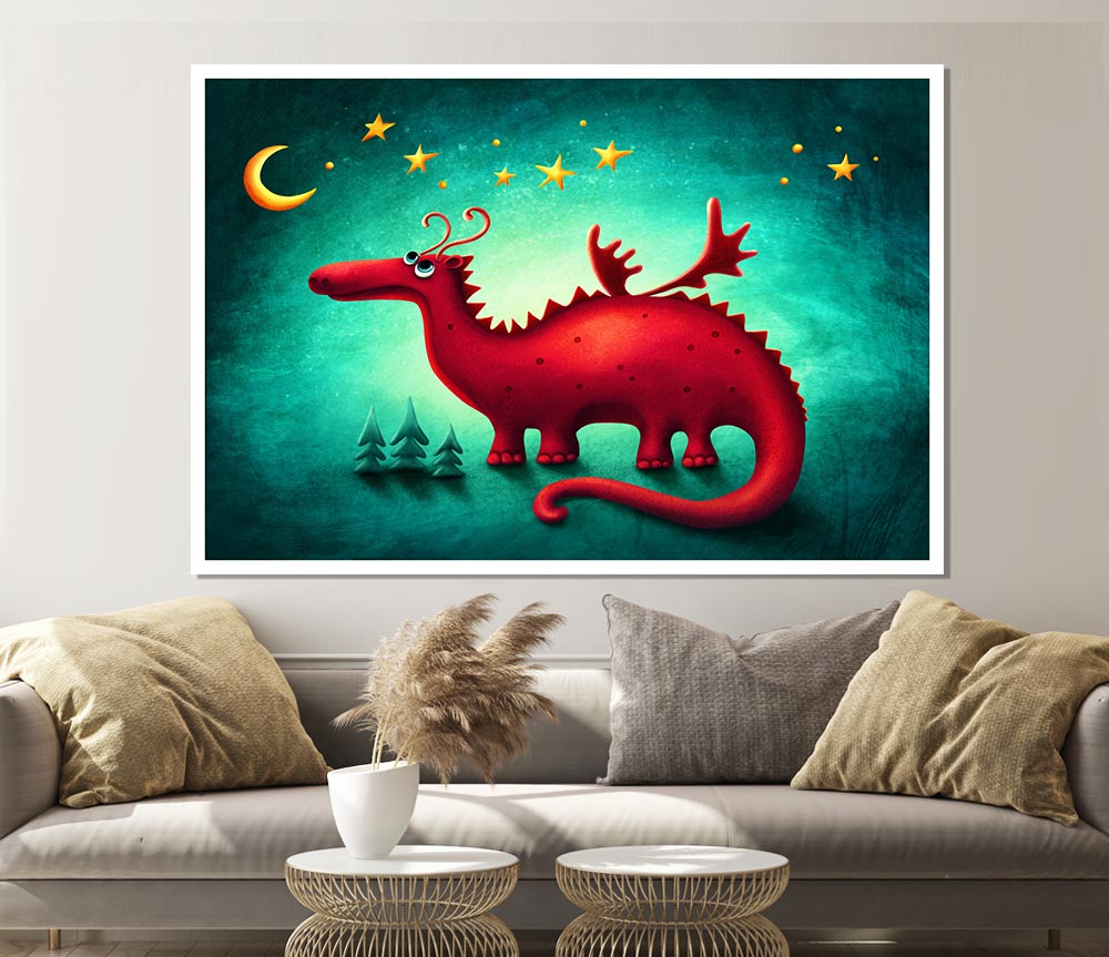 The Red Dragon Beneath The Moon Print Poster Wall Art