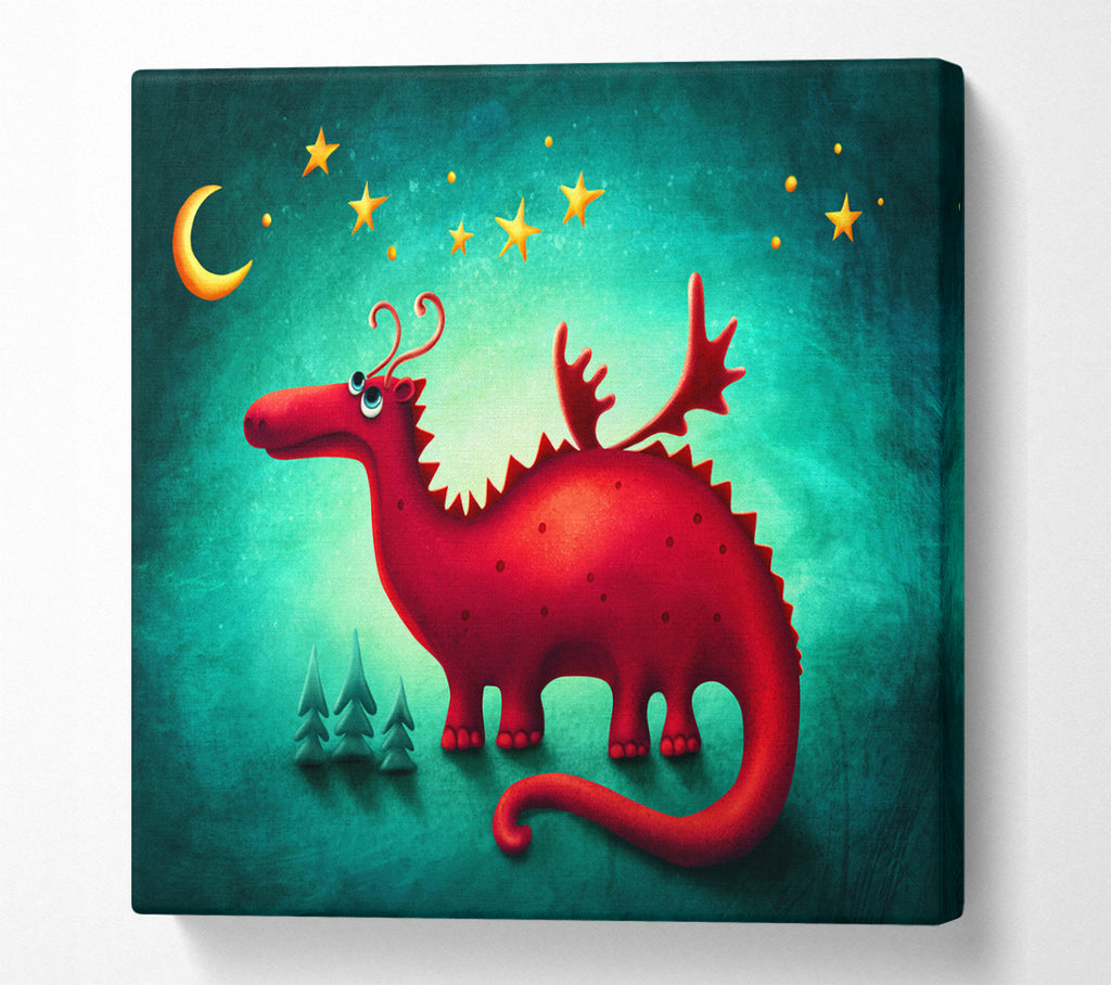 A Square Canvas Print Showing The Red Dragon Beneath The Moon Square Wall Art
