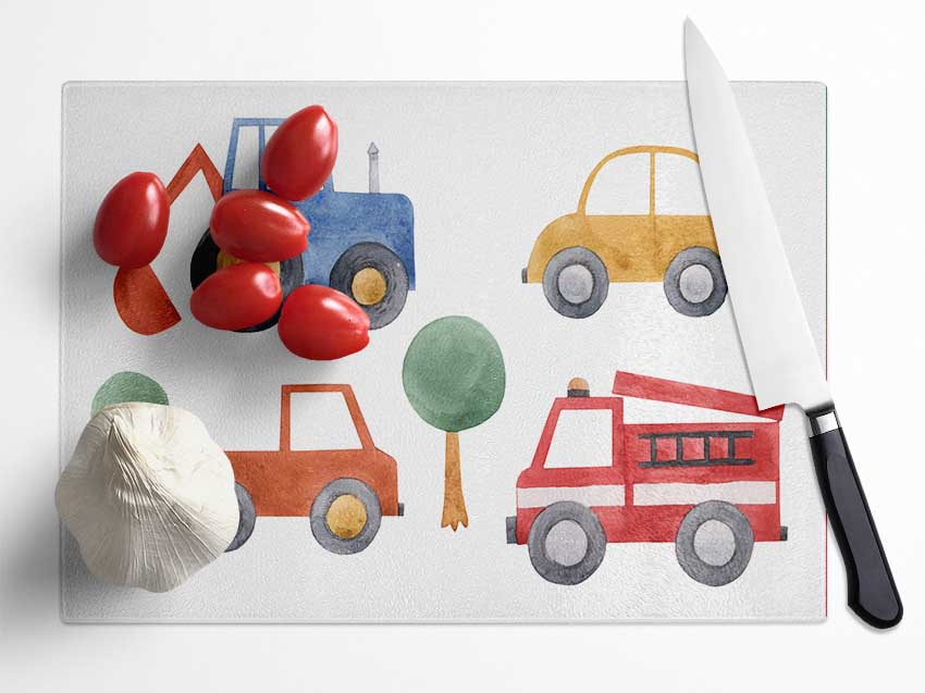 Childrens Vehicle Collection Glass Chopping Board