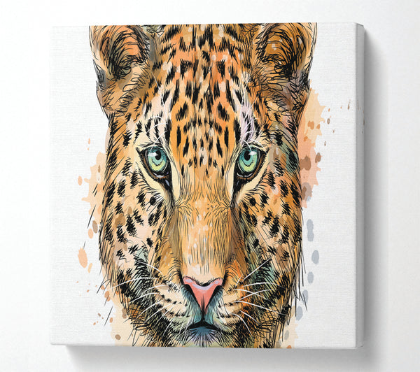 A Square Canvas Print Showing Leopard Face Watercolour Square Wall Art