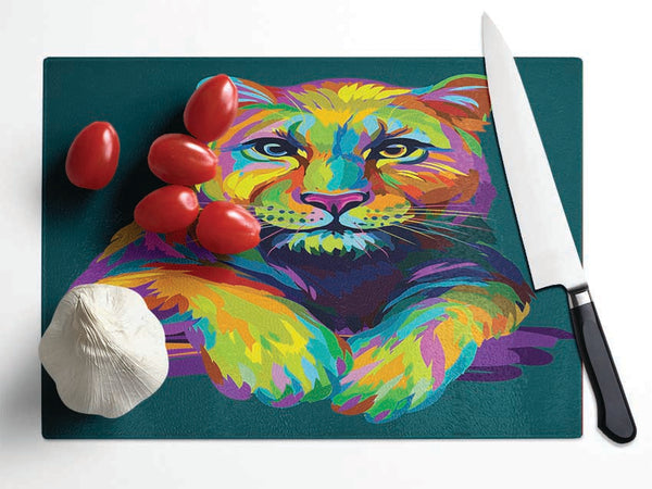 Colourful Mountain Lion Glass Chopping Board