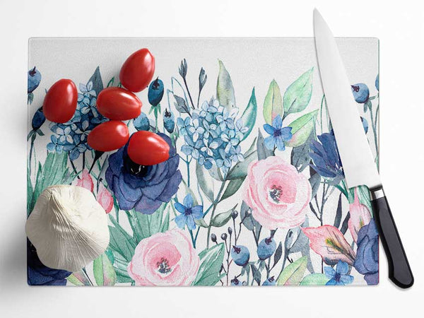 Pastel British Flowers Glass Chopping Board
