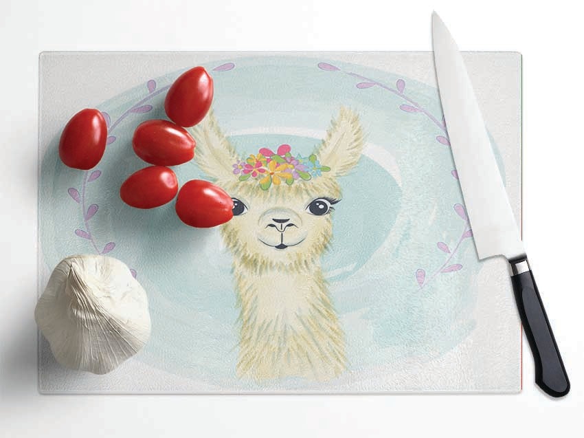 Llama Floral Head Glass Chopping Board