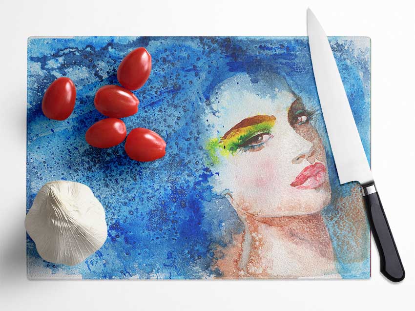 Blue Haired Woman Glass Chopping Board