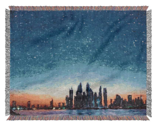 The City Skyline At Dawn Woven Blanket