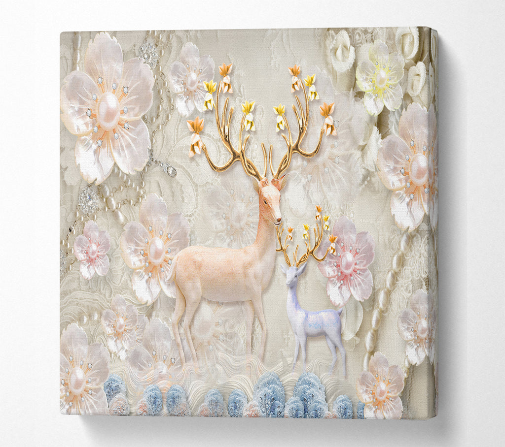 A Square Canvas Print Showing The Majestic Deer And Doe Square Wall Art