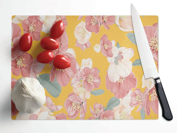 Pink Flowers On Orange Glass Chopping Board