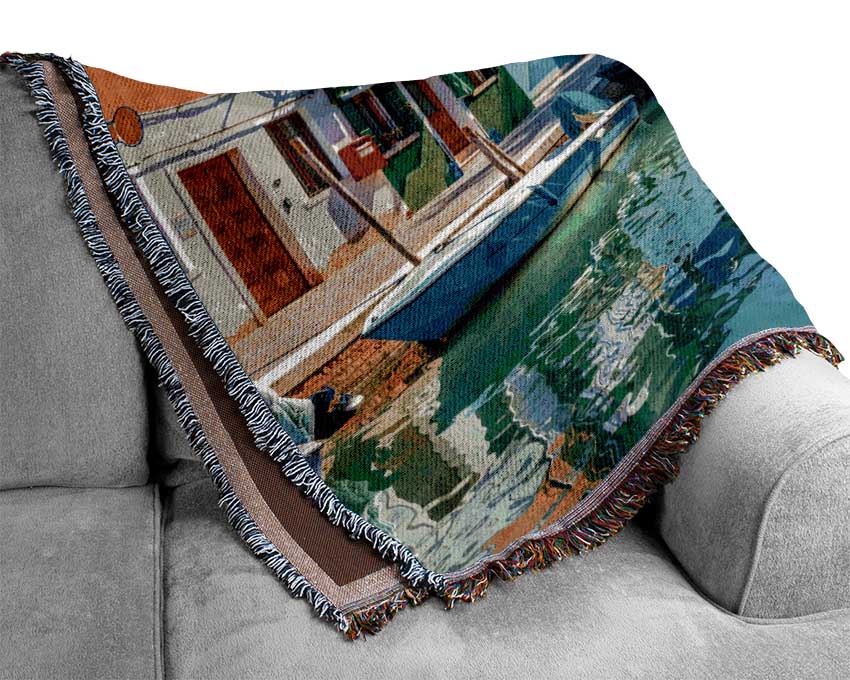 The Boats In The Village Woven Blanket