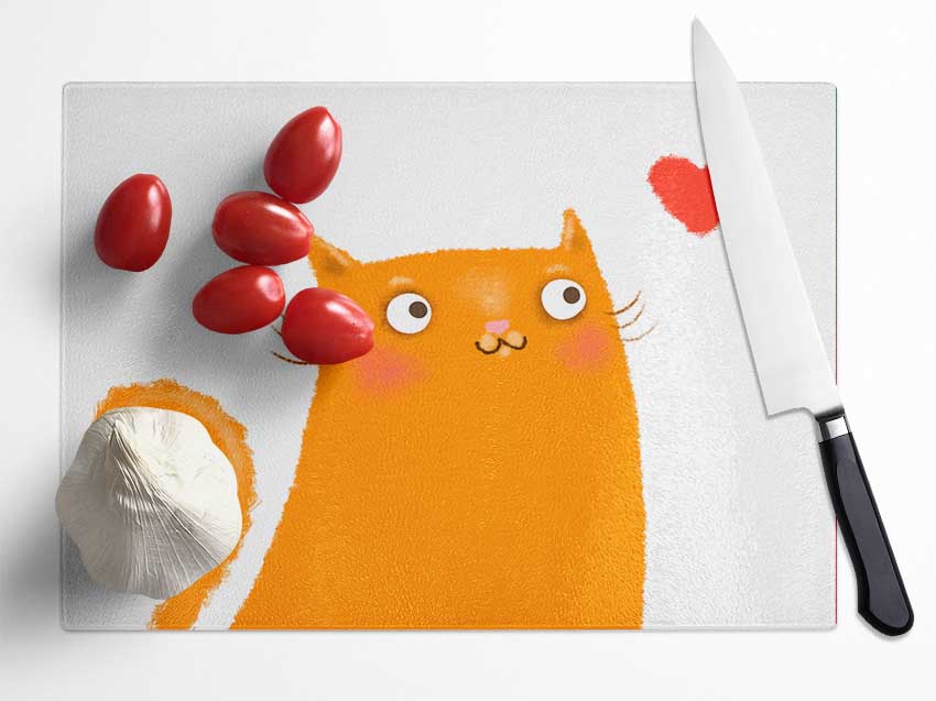The Love Heart Orange Cat Glass Chopping Board