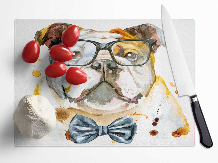 The Bulldog With Glasses Glass Chopping Board