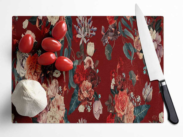 Flowers On Red Glass Chopping Board