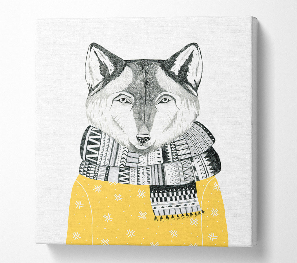 A Square Canvas Print Showing Ready For Winter Fox Square Wall Art