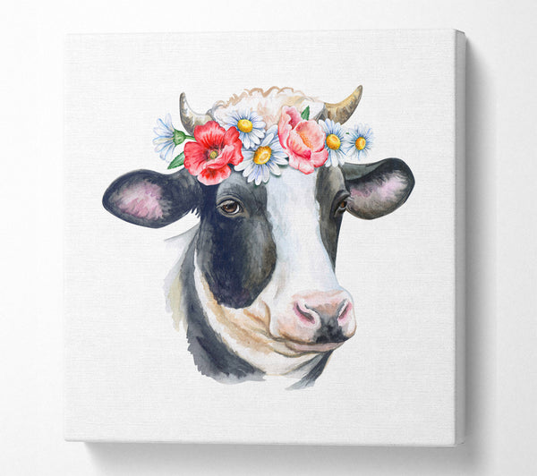 A Square Canvas Print Showing Flower Girl Cow Square Wall Art