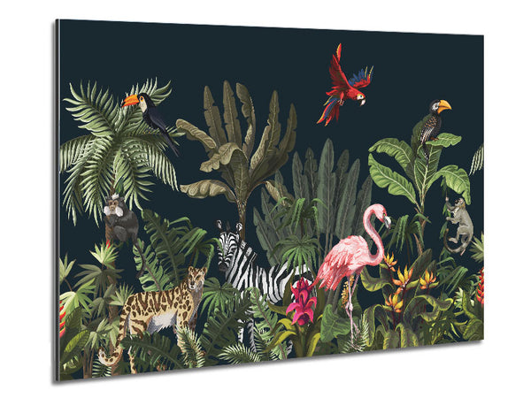 Jungle Paradise Animals Black Metal Print